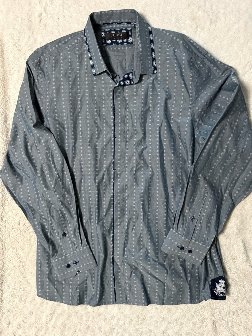 COOGI Luxe Men's Slate Blue Patterned Dress Shirt- NEVER WORN
